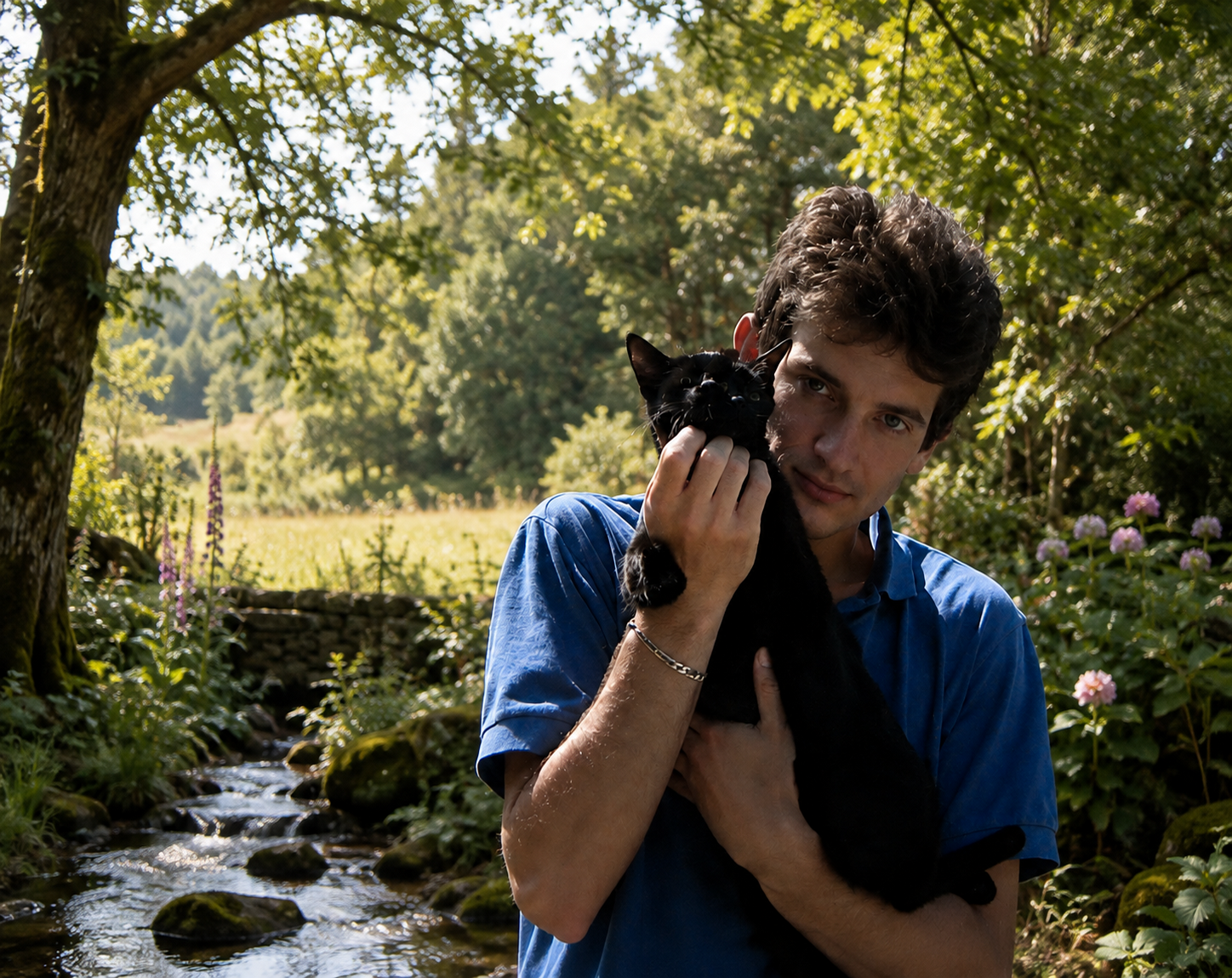 Nicolas avec un chat, au milieu de la nature